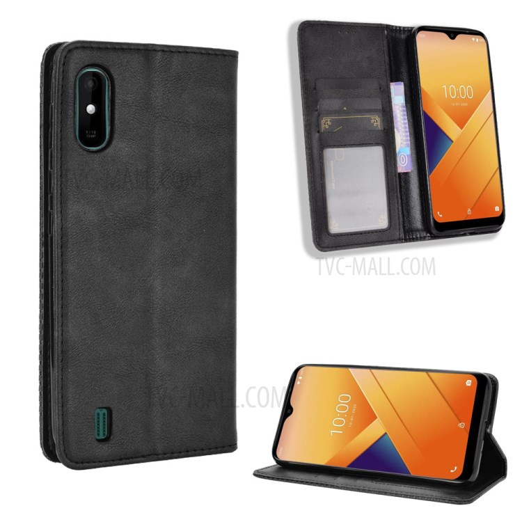 Magnetic Vintage Style Phone Case Wallet Stand Leather Cover for Wiko Y81 - Black-1