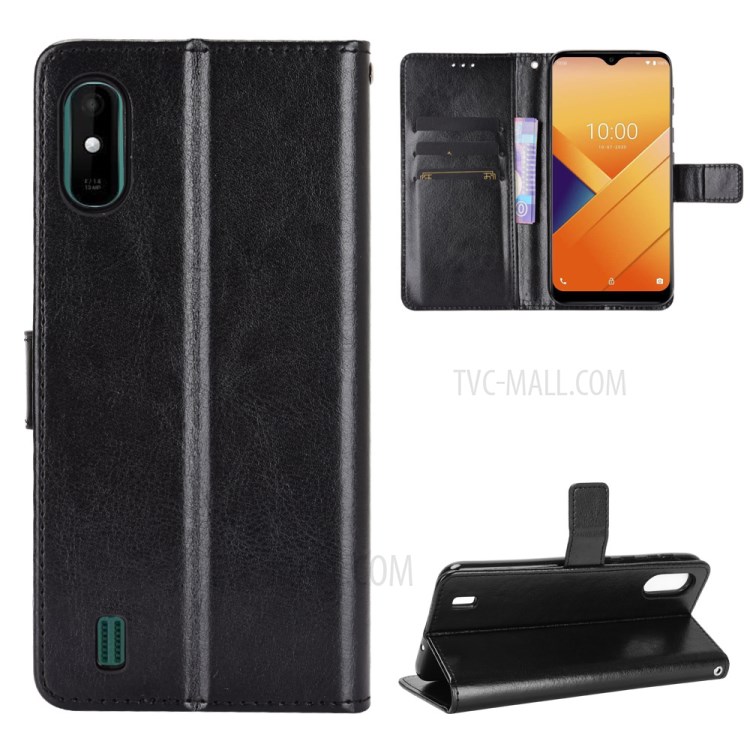 Crazy Horse Wallet Stand Leather Shell with Strap for Wiko Y81 - Black-1