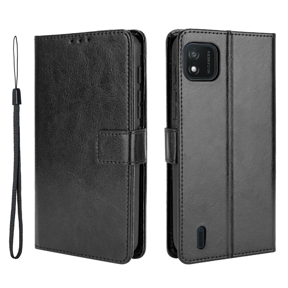 Crazy Horse Texture PU Leather Wallet Stand Phone Case Protector Cover for Wiko Y62 - Black-1
