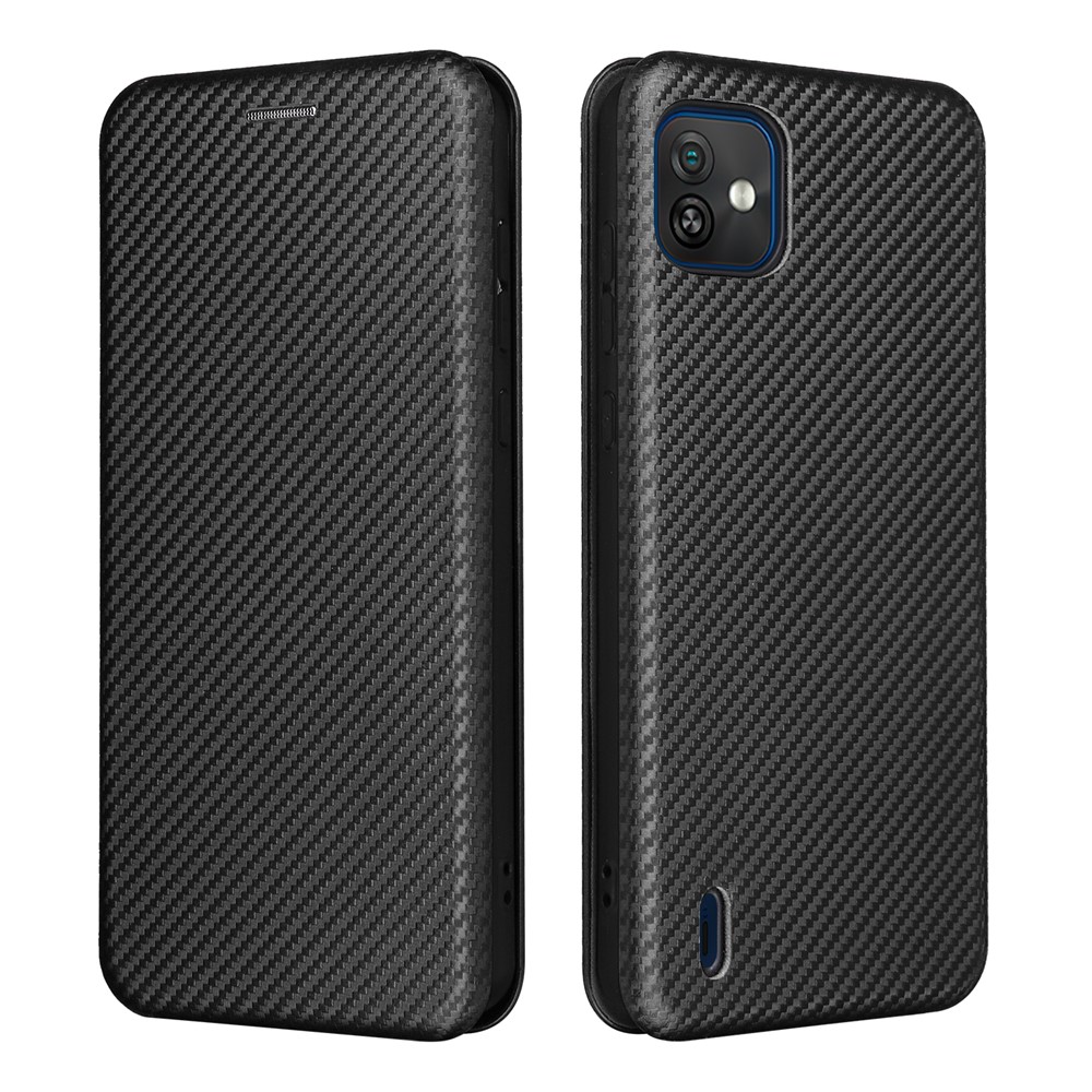 For Wiko Y82 Carbon Fiber Texture Phone Case PU Leather Magnetic Absorption Book Stand Cover with Card Slot - Black-1