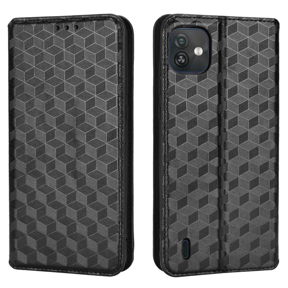 For Wiko Y82 Rhombus Imprinted Auto-absorbed Magnetic Leather Wallet Phone Case Protective Cover with Stand - Black-1