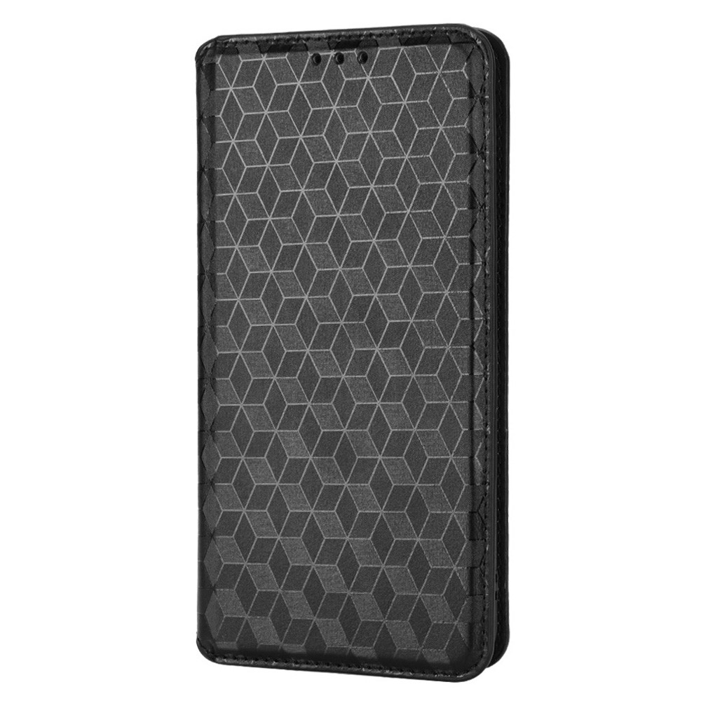 For Wiko Y82 Rhombus Imprinted Auto-absorbed Magnetic Leather Wallet Phone Case Protective Cover with Stand - Black-2