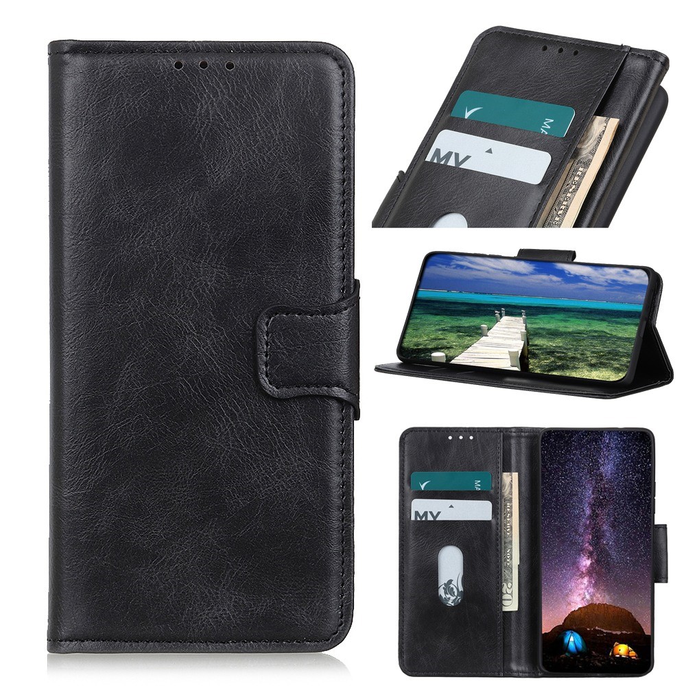 For Oppo Reno7 4G/F21 Pro 4G Stand PU Leather Flip Folio Case Crazy Horse Texture Soft TPU Shockproof Protective Wallet Phone Cover - Black-9