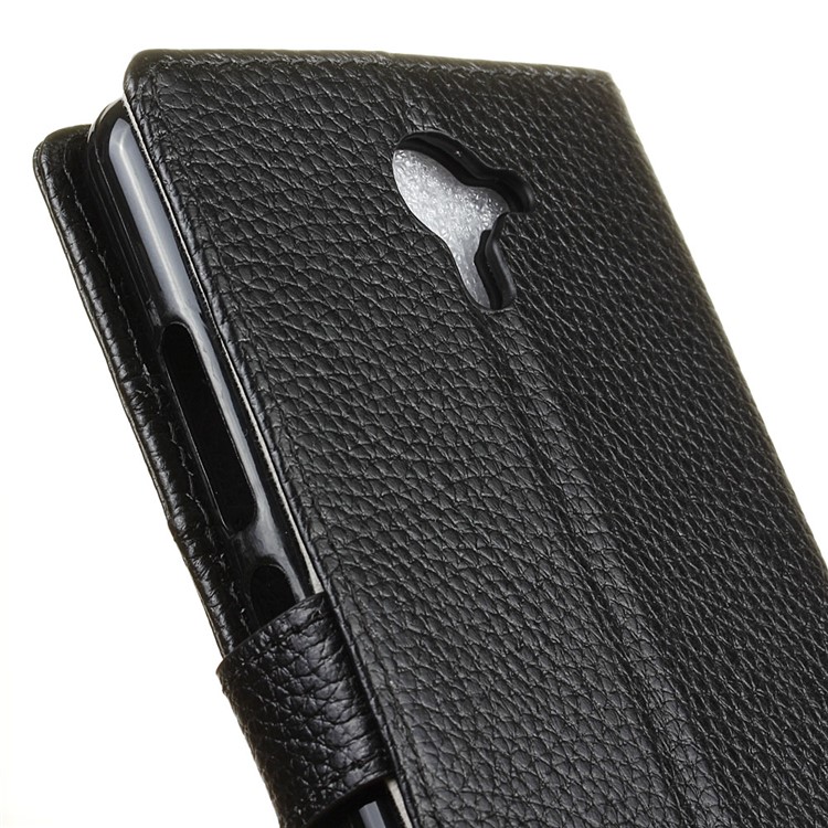 Litchi Texture Genuine Leather Wallet Phone Case for Wiko U Feel Fab - Black-3