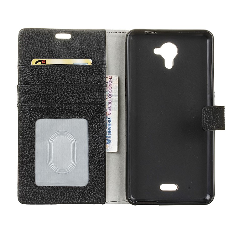 Litchi Texture Genuine Leather Wallet Phone Case for Wiko U Feel Fab - Black-4