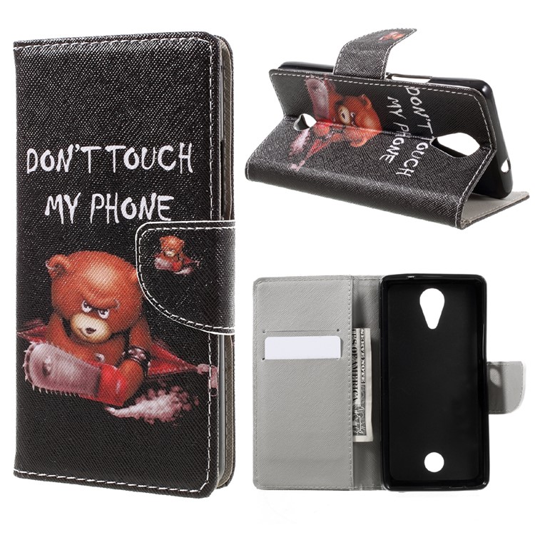 Pattern Printing Leather Wallet Mobile Casing for Wiko Tommy - Warning Words and Cool Bear-1
