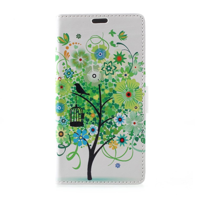 Patterned Wallet Stand Leather Mobile Phone Case for Wiko Upulse - Green Flowers Tree Birdcage-2