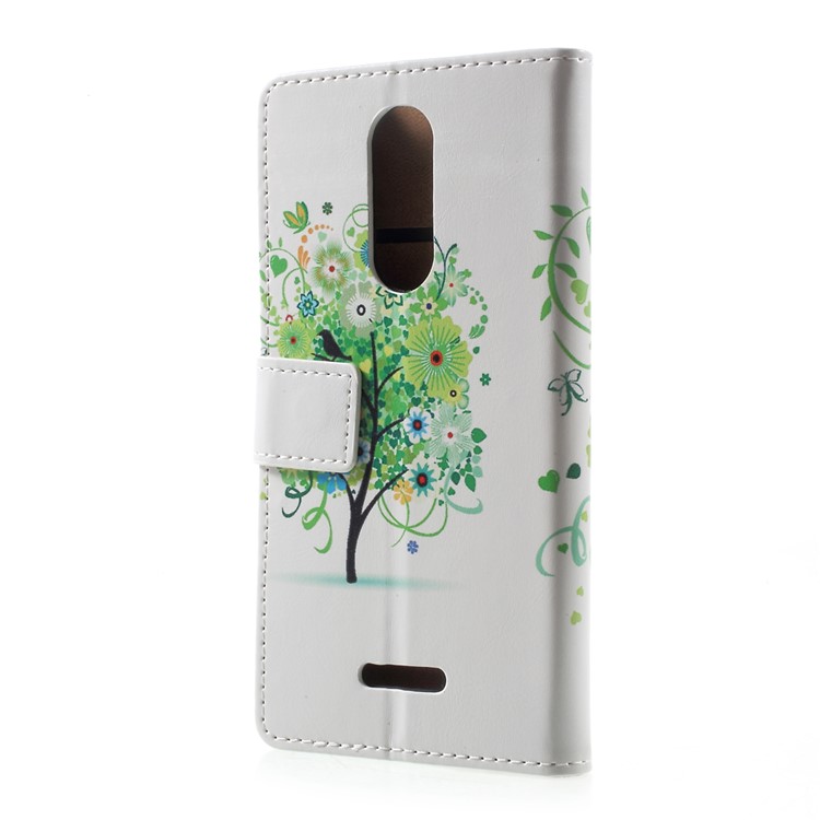 Patterned Wallet Stand Leather Mobile Phone Case for Wiko Upulse - Green Flowers Tree Birdcage-3
