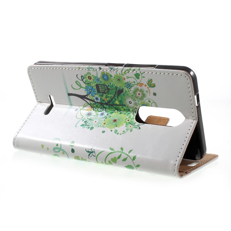 Patterned Wallet Stand Leather Mobile Phone Case for Wiko Upulse - Green Flowers Tree Birdcage-4