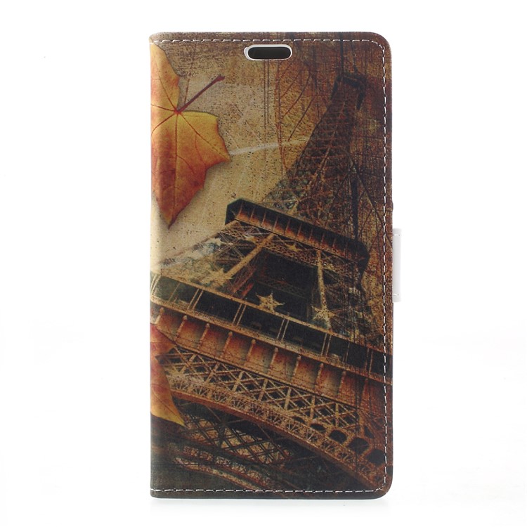 For Wiko Upulse Patterned Wallet Stand Flip Leather Mobile Phone Case for Wiko Upulse - Eiffel Tower and Maple Leaves-1