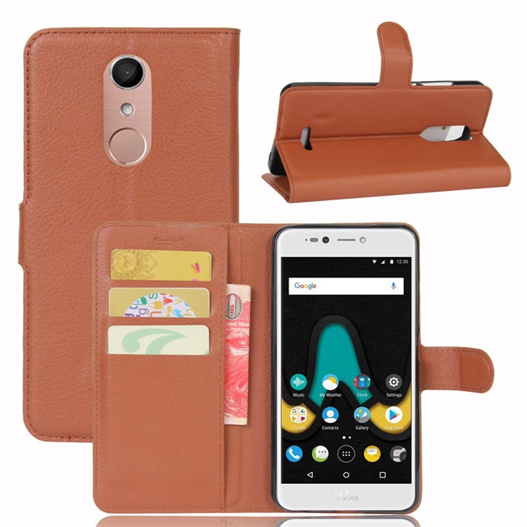 Litchi Skin Leather Wallet Case for Wiko Upulse Lite - Brown-1