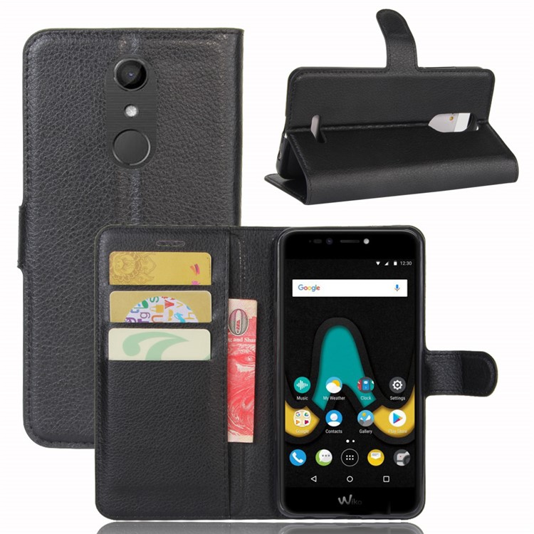 Lychee Skin Leather Wallet Case for Wiko Upulse - Black-1