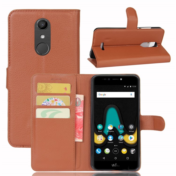 Lychee Skin Wallet Leather Phone Casing for Wiko Upulse - Brown-1