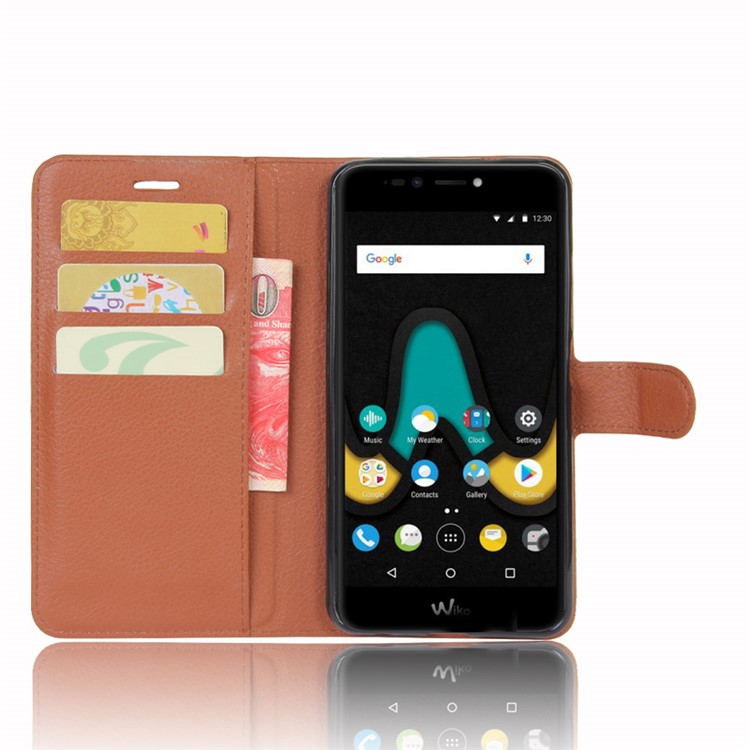 Lychee Skin Wallet Leather Phone Casing for Wiko Upulse - Brown-4