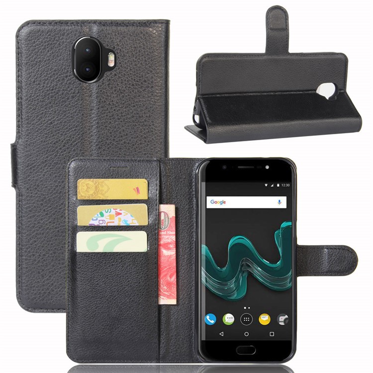 Litchi Grain Leather Wallet Case for Wiko WIM - Black-1