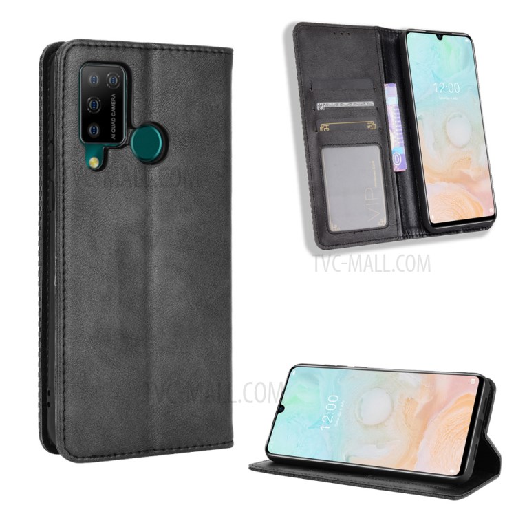 Retro Style PU Leather Magnetic Wallet Stand Phone Shell for Doogee N20 Pro - Black-8