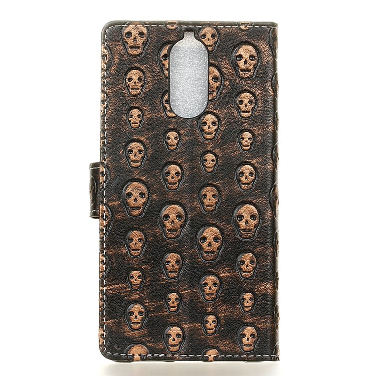 For Doogee Shoot 1 Metal Style Imprinted Pattern Leather Wallet Stand Case - Brown / Skulls-2