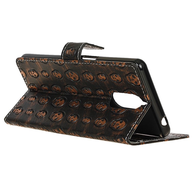 For Doogee Shoot 1 Metal Style Imprinted Pattern Leather Wallet Stand Case - Brown / Skulls-5