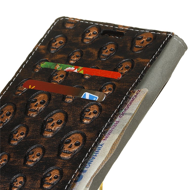 For Doogee Shoot 1 Metal Style Imprinted Pattern Leather Wallet Stand Case - Brown / Skulls-6
