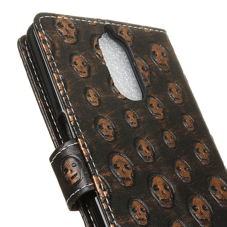 For Doogee Shoot 1 Metal Style Imprinted Pattern Leather Wallet Stand Case - Brown / Skulls-7