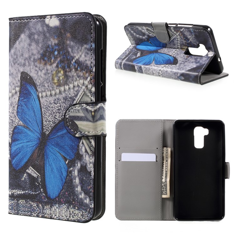 Patterned Leather Wallet Stand Phone Case for Doogee Y6 - Blue Butterfly-1