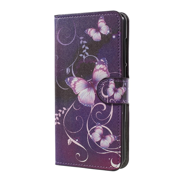 Patterned Leather Wallet Flip Folio Case for Doogee Y6 - Purple Butterflies Vines-2