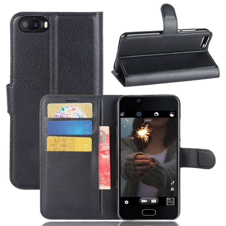 Lychee Skin Wallet Leather Cell Case with Stand for Doogee Shoot 2 - Black-1