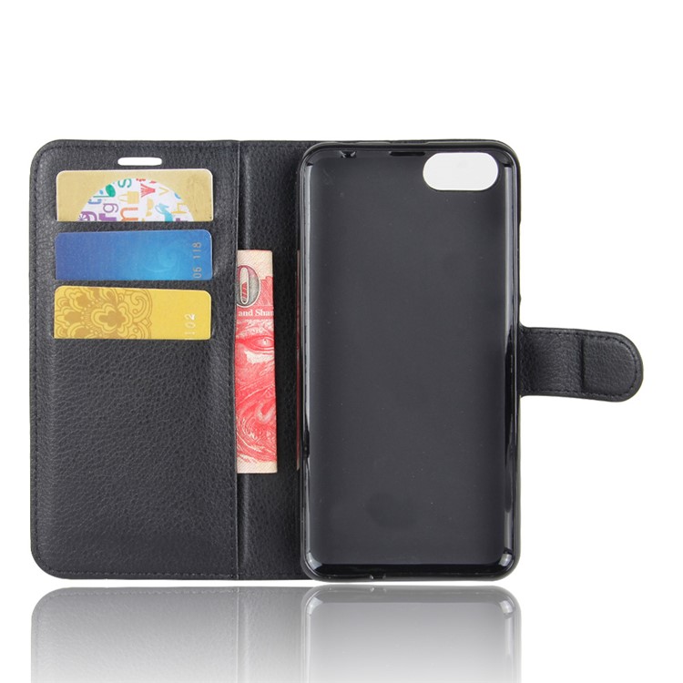 Lychee Skin Wallet Leather Cell Case with Stand for Doogee Shoot 2 - Black-3