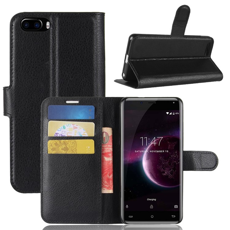 Litchi Skin PU Leather Wallet Stand Phone Shell for Cubot Magic - Black-1