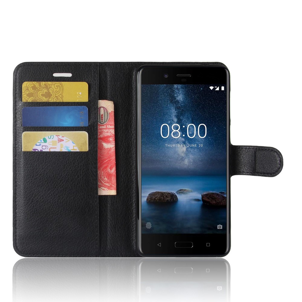 Litchi Skin Brieftasche Ledermagnetische Schutzabdeckung Für Nokia 8 - Schwarz