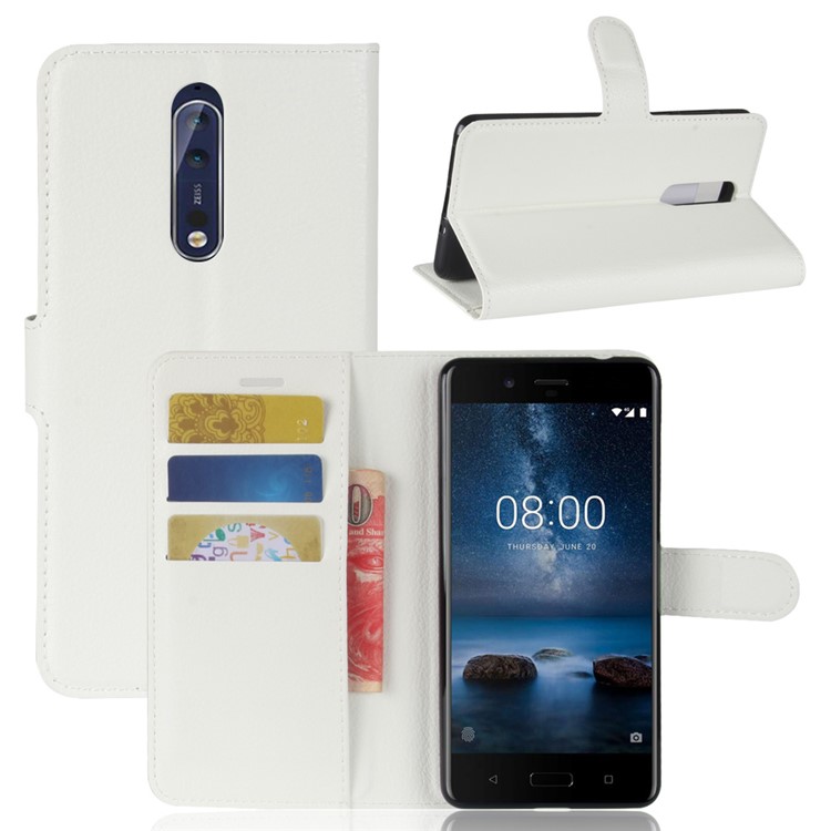 Litchi Skin Wallet Leather Magnetic Protective Casing for Nokia 8 - White-1