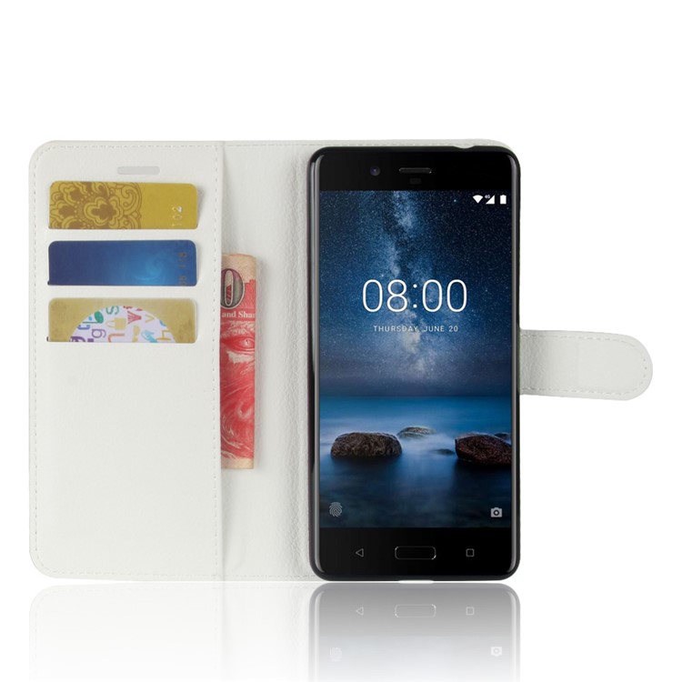 Litchi Skin Wallet Leather Magnetic Protective Casing for Nokia 8 - White-4