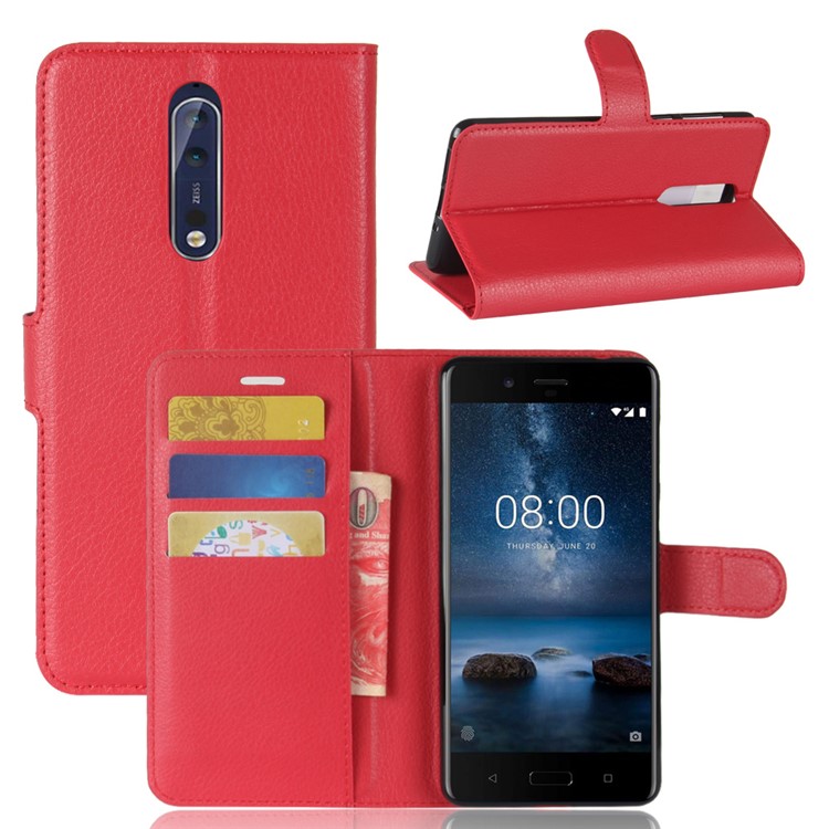 Litchi Skin Wallet Leather Magnetic Protective Case for Nokia 8 - Red-1