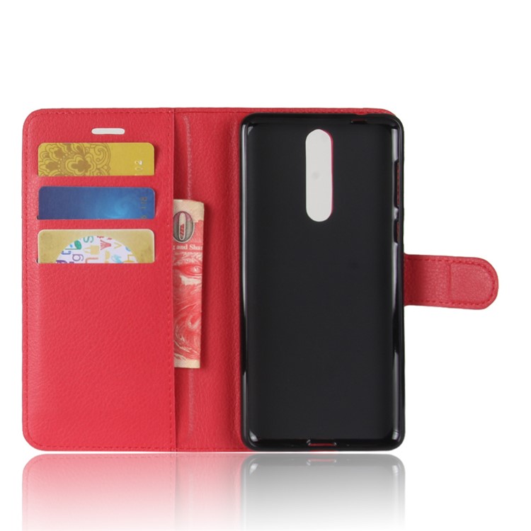 Litchi Skin Wallet Leather Magnetic Protective Case for Nokia 8 - Red-3