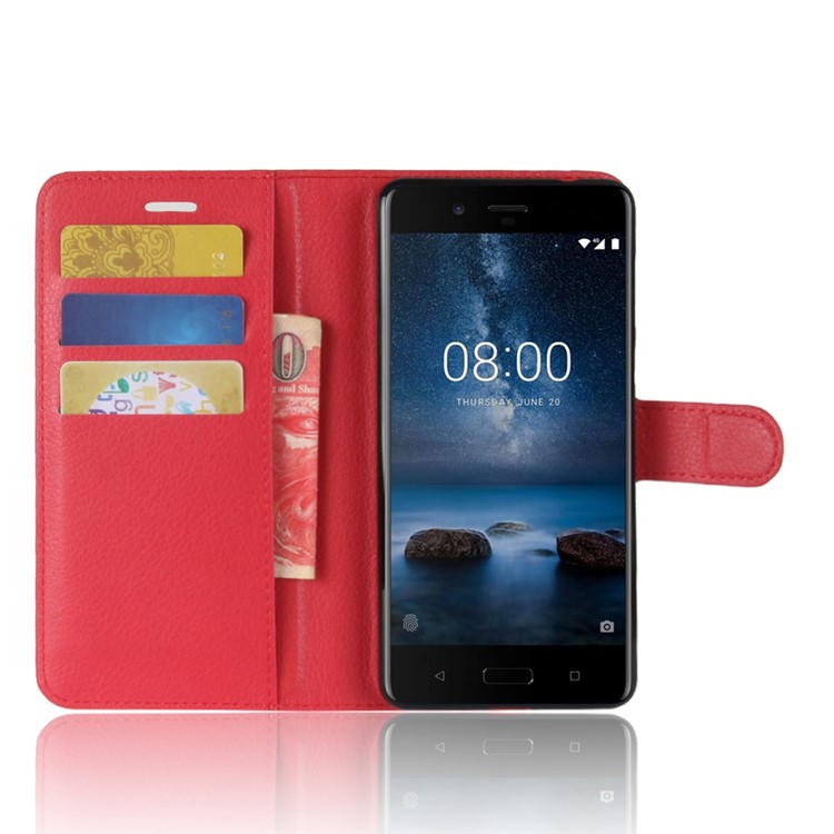 Litchi Skin Wallet Leather Magnetic Protective Case for Nokia 8 - Red-4