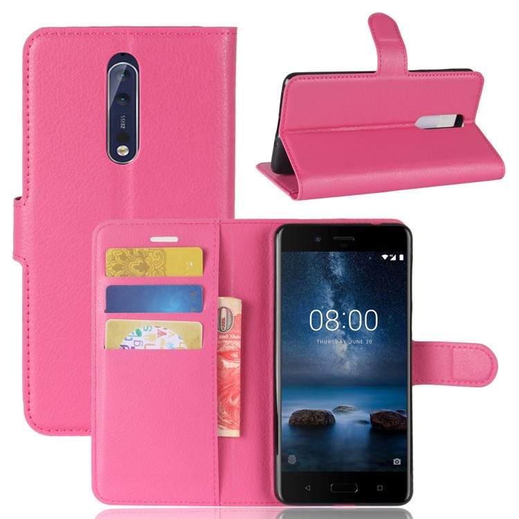 Litchi Skin Wallet Leather Magnetic Protective Shell for Nokia 8 - Rose-1