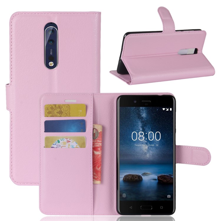 For Nokia 8 Litchi Skin Wallet Leather Magnetic Protective Case - Pink-1