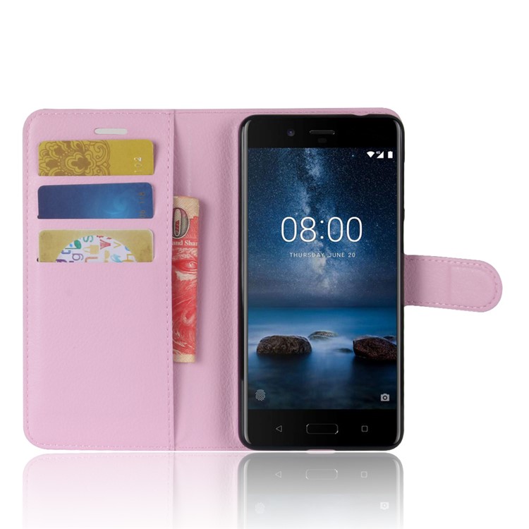 For Nokia 8 Litchi Skin Wallet Leather Magnetic Protective Case - Pink-4