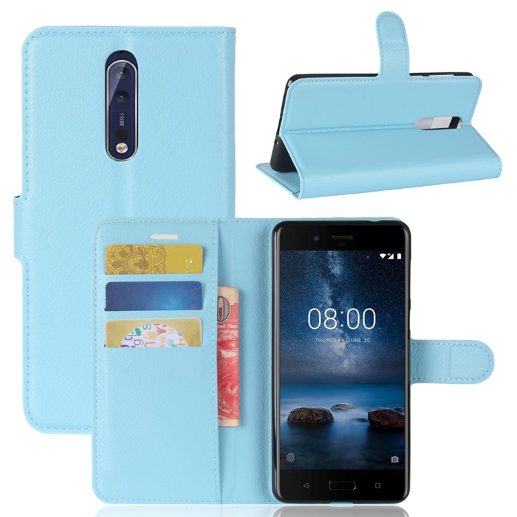 For Nokia 8 Litchi Skin Wallet Leather Magnetic Protective Casing - Blue-1