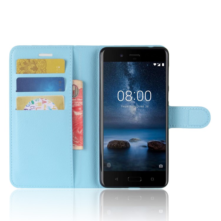 Para Nokia 8 Litchi Skin Wallet Cuero Magnético Carcasa Protectora - Azul