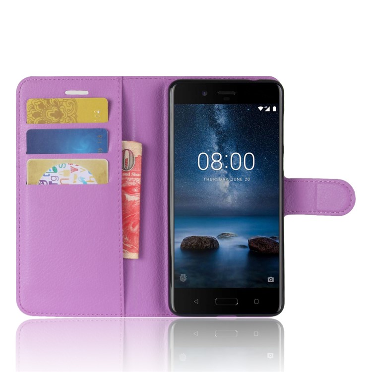 For Nokia 8 Litchi Skin Wallet Leather Magnetic Protective Shell - Purple-4