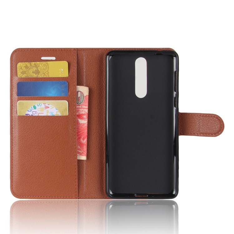 For Nokia 8 Litchi Skin Wallet Leather Magnetic Cover - Brown-3