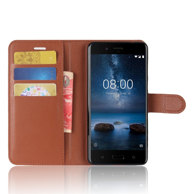 For Nokia 8 Litchi Skin Wallet Leather Magnetic Cover - Brown-4