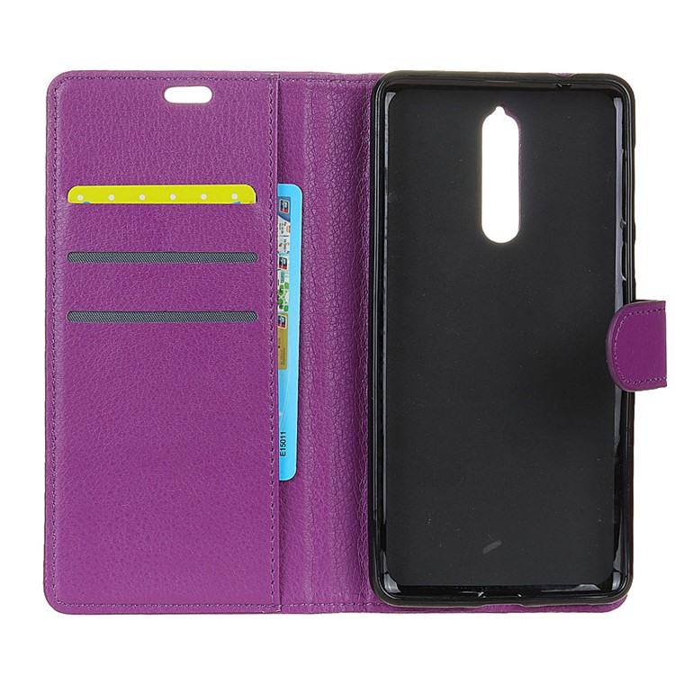 For Nokia 8 Litchi Texture Card Holder PU Leather Mobile Casing Cover - Purple-3
