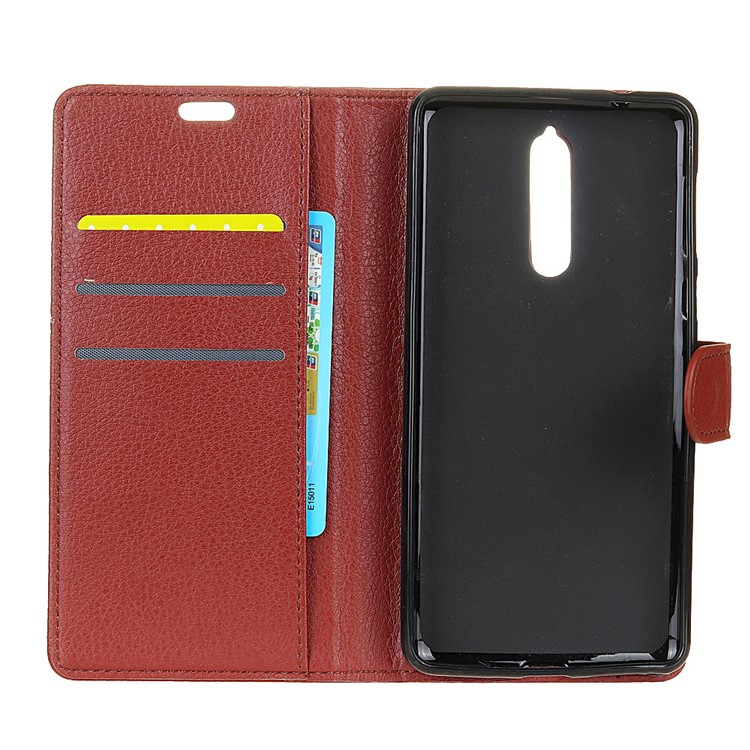For Nokia 8 Litchi Texture Card Holder PU Leather Cellphone Cover - Brown-3