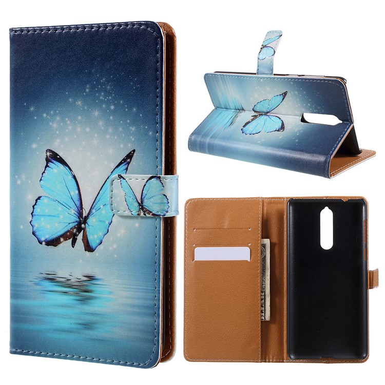 Pattern Printing PU Leather Stand Wallet Phone Case for Nokia 8 - Blue Butterfly-1