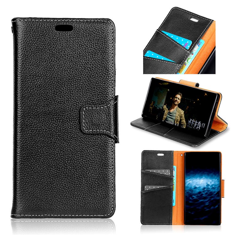 Litchi Texture Genuine Leather Magnetic Wallet Stand Phone Cover for Nokia 8 - Black-1