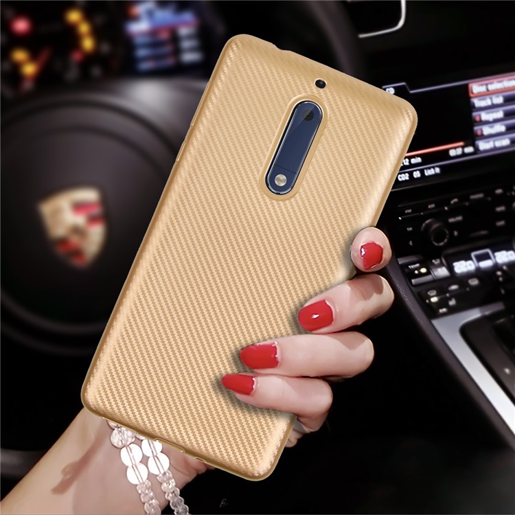 Carbon Fiber Soft TPU Cell Phone Casing for Nokia 5 - Gold-3