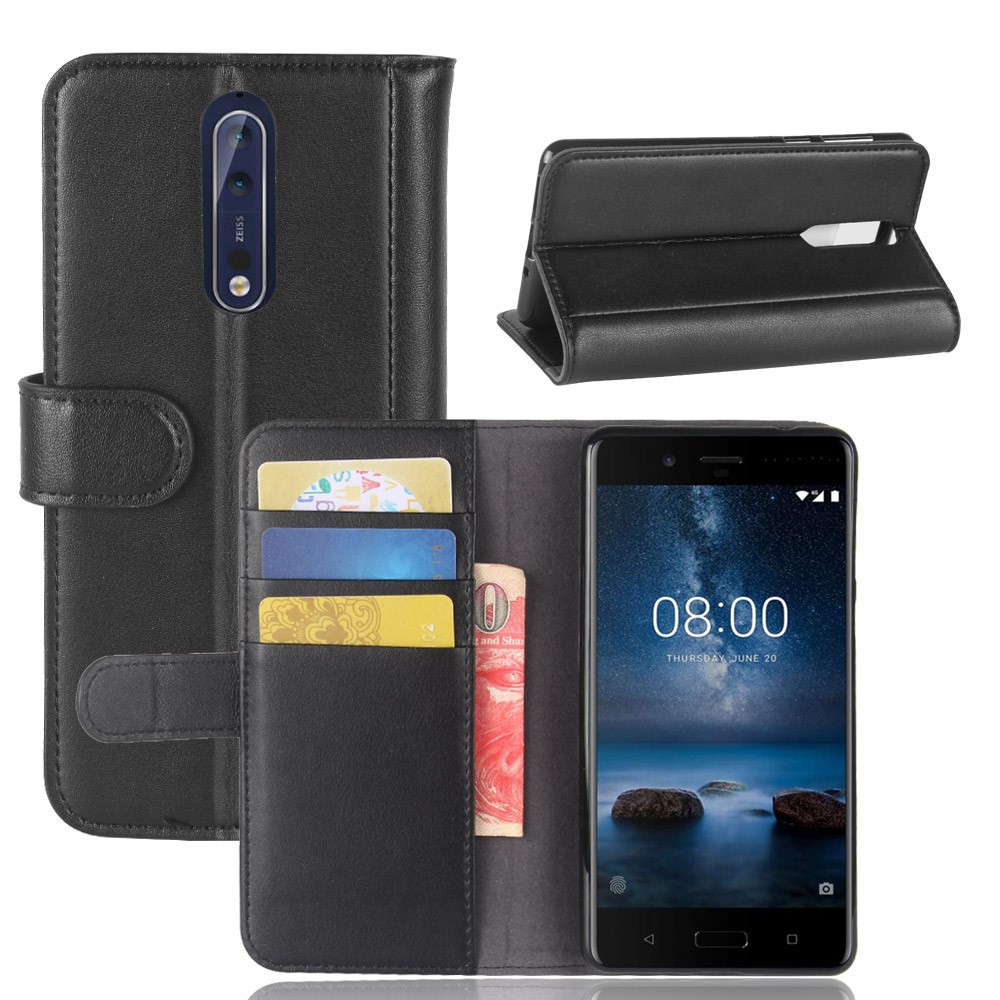 Genuine Split Leather Wallet Stand Flip Cover Shell for Nokia 8 - Black-1