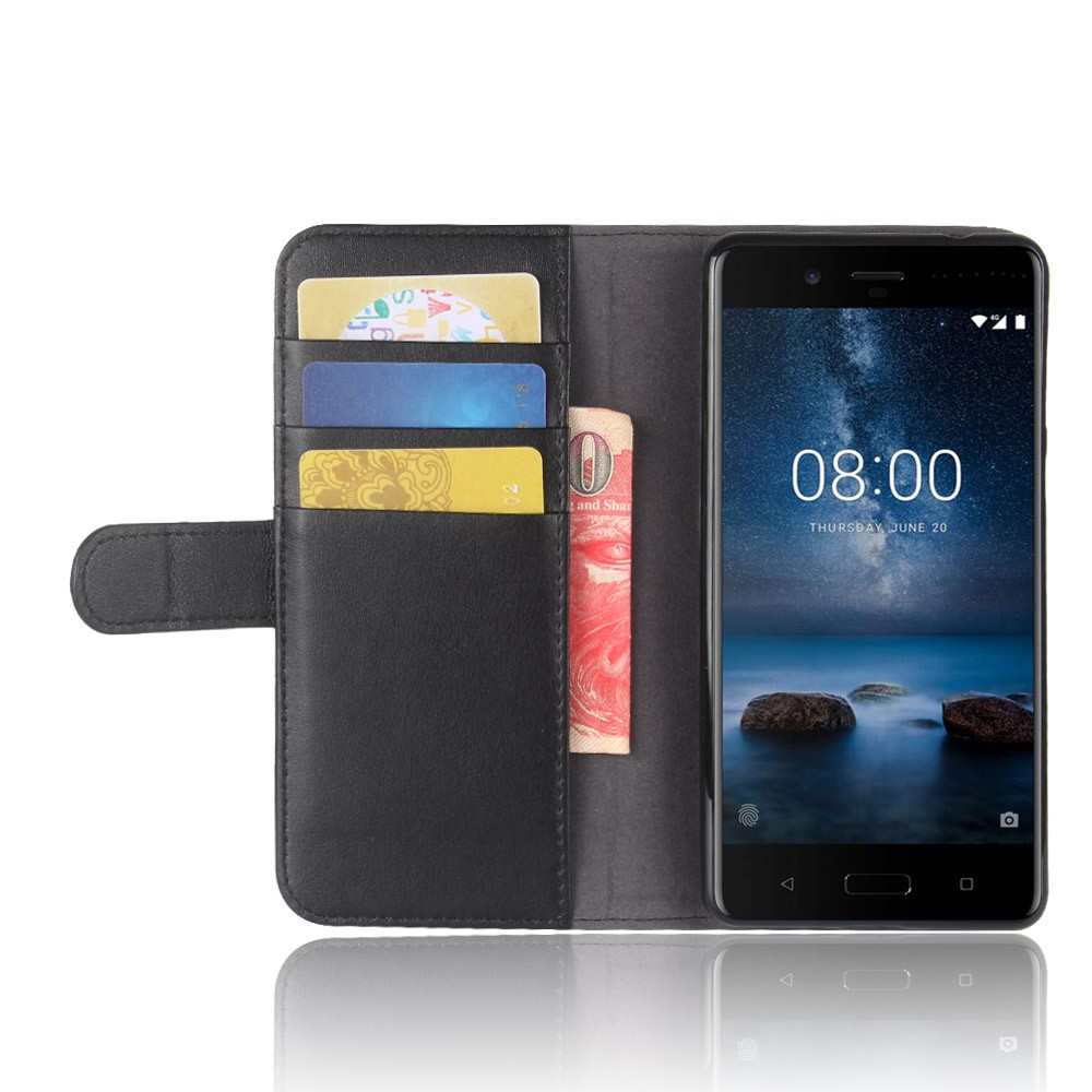 Echte Split Leder Brieftasche Ständer Flip Cover Shell Für Nokia 8 - Schwarz